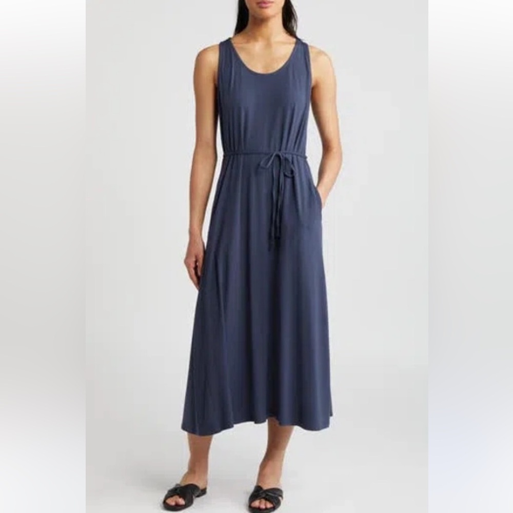 Eileen Fisher Racerback Full Length Dress Sleeveless Fine Jersey Ocean Navy Sz M